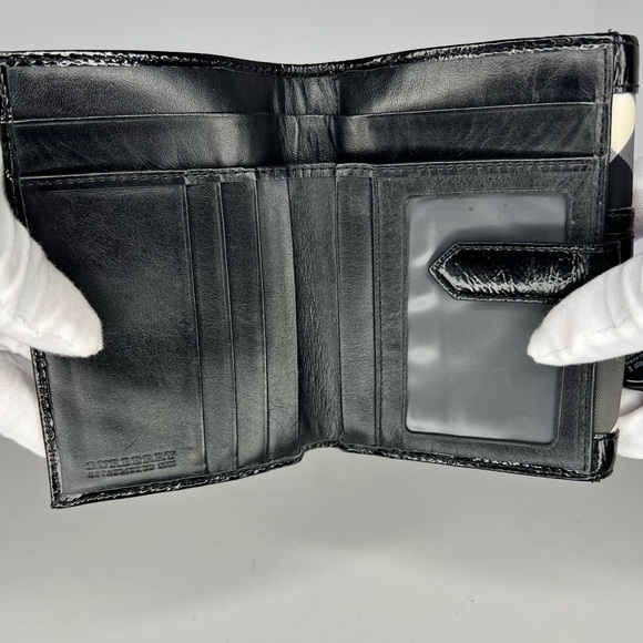 🖤BURBERRY Black/Grey Beat Check Nylon And Patent Leather Penrose Compact Wallet - Picture 5 of 7